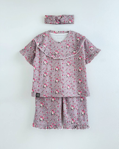 ست بلوز شلوار با هدبند کوکو طرح گل صورتی .................19922