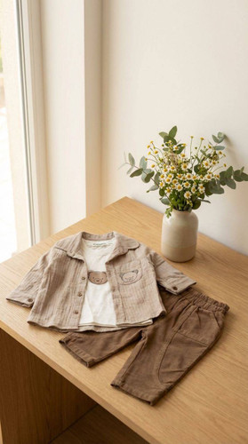 ست سهتکه نوزادی ترک | تیشرت نخی، پیراهن موسلین، شلوار کتان ................16354